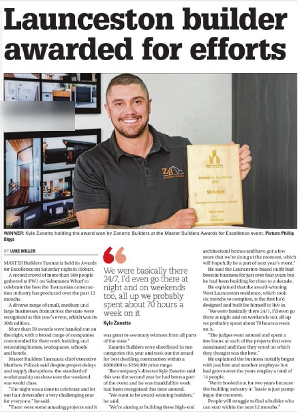 Launceston builder awarded for efforts — The Examiner